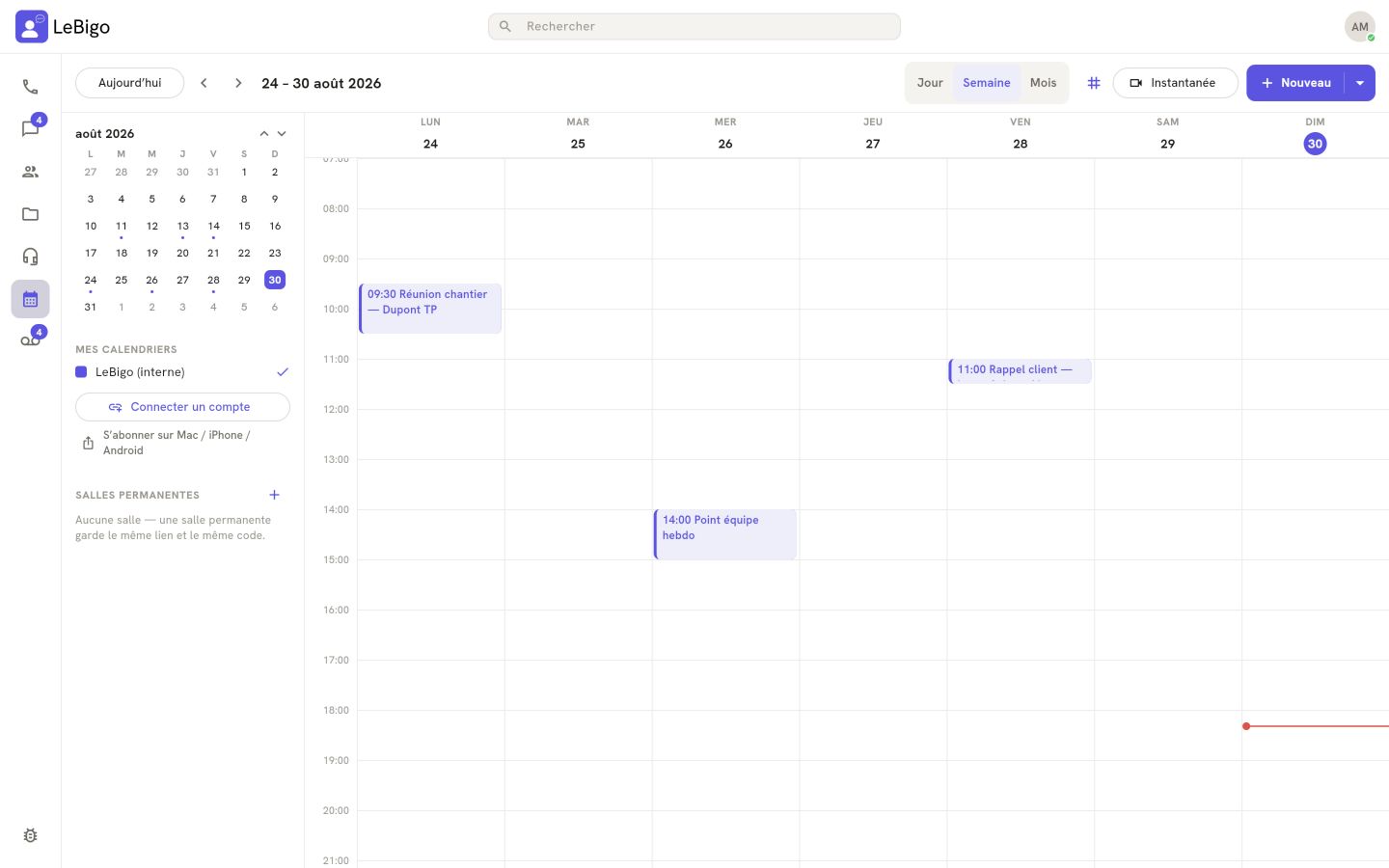 Calendrier LeBigo avec réunions vidéo planifiées