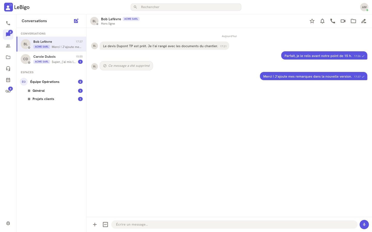 LeBigo : conversations d'équipe, appels, réunions et fichiers dans la même application