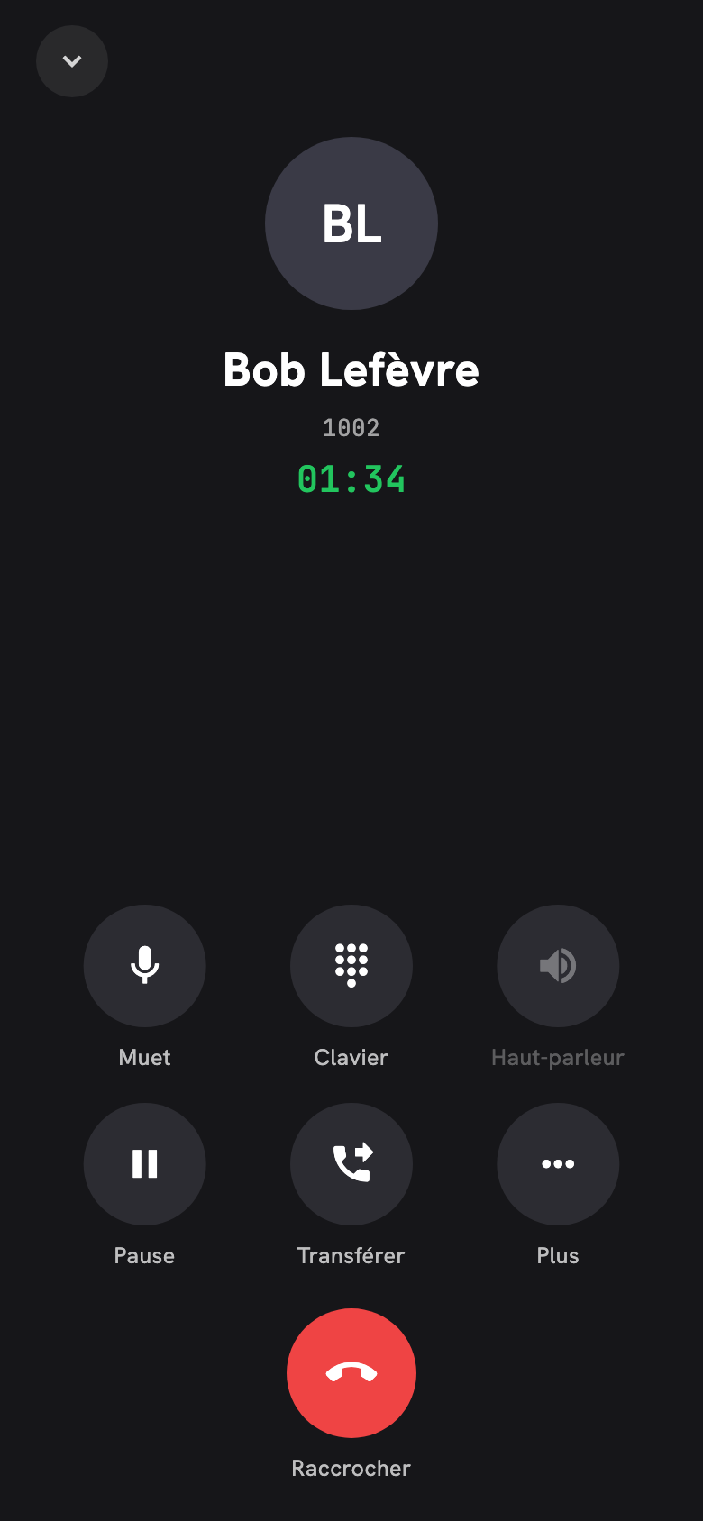 L'écran d'appel sur téléphone : Muet, Clavier, sortie audio, Pause, Transférer, Plus et Raccrocher