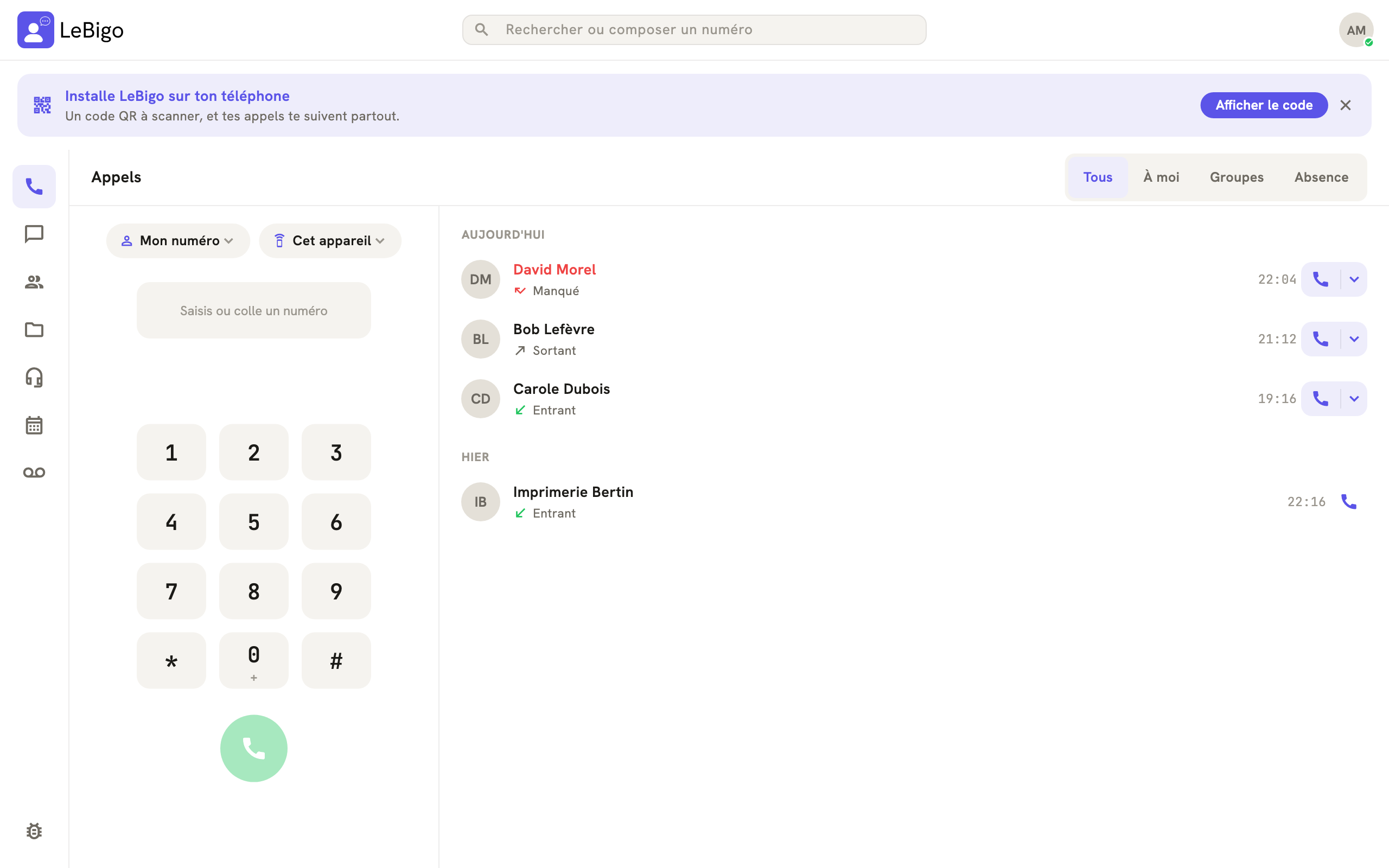 Le bandeau Installe LeBigo sur ton téléphone en haut de l'application, avec le bouton Afficher le code