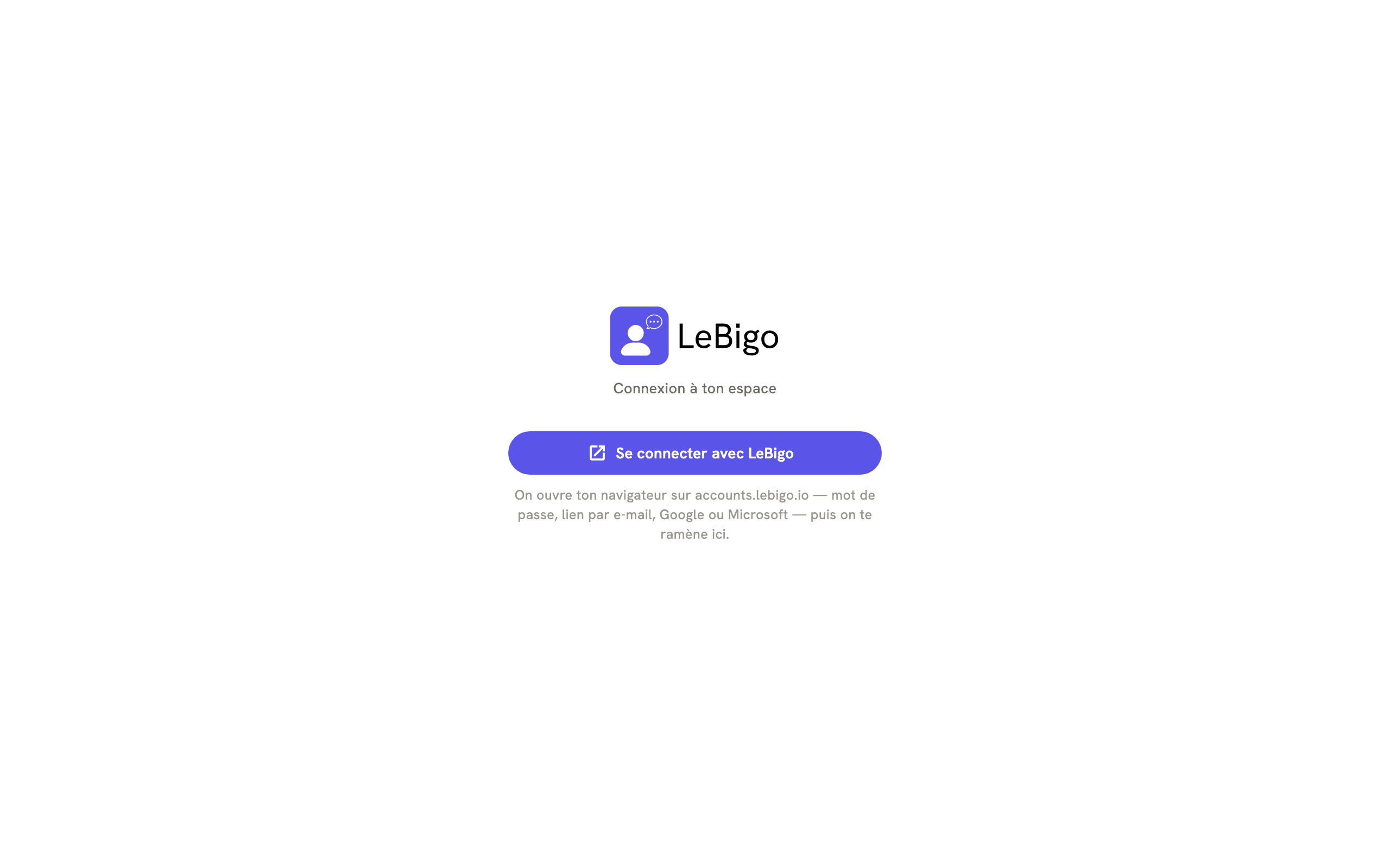 L'écran de connexion de LeBigo sur ordinateur, avec le bouton Se connecter avec LeBigo
