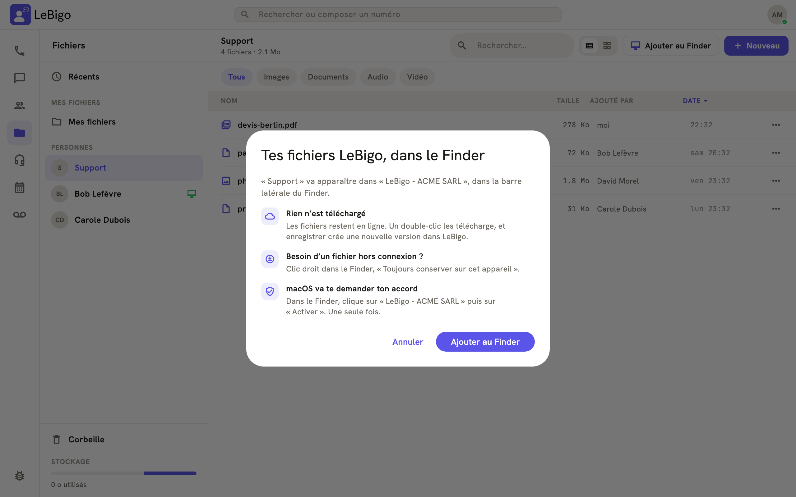 La fenêtre d'accueil : rien n'est téléchargé, conserver un fichier hors connexion, et l'accord demandé par macOS