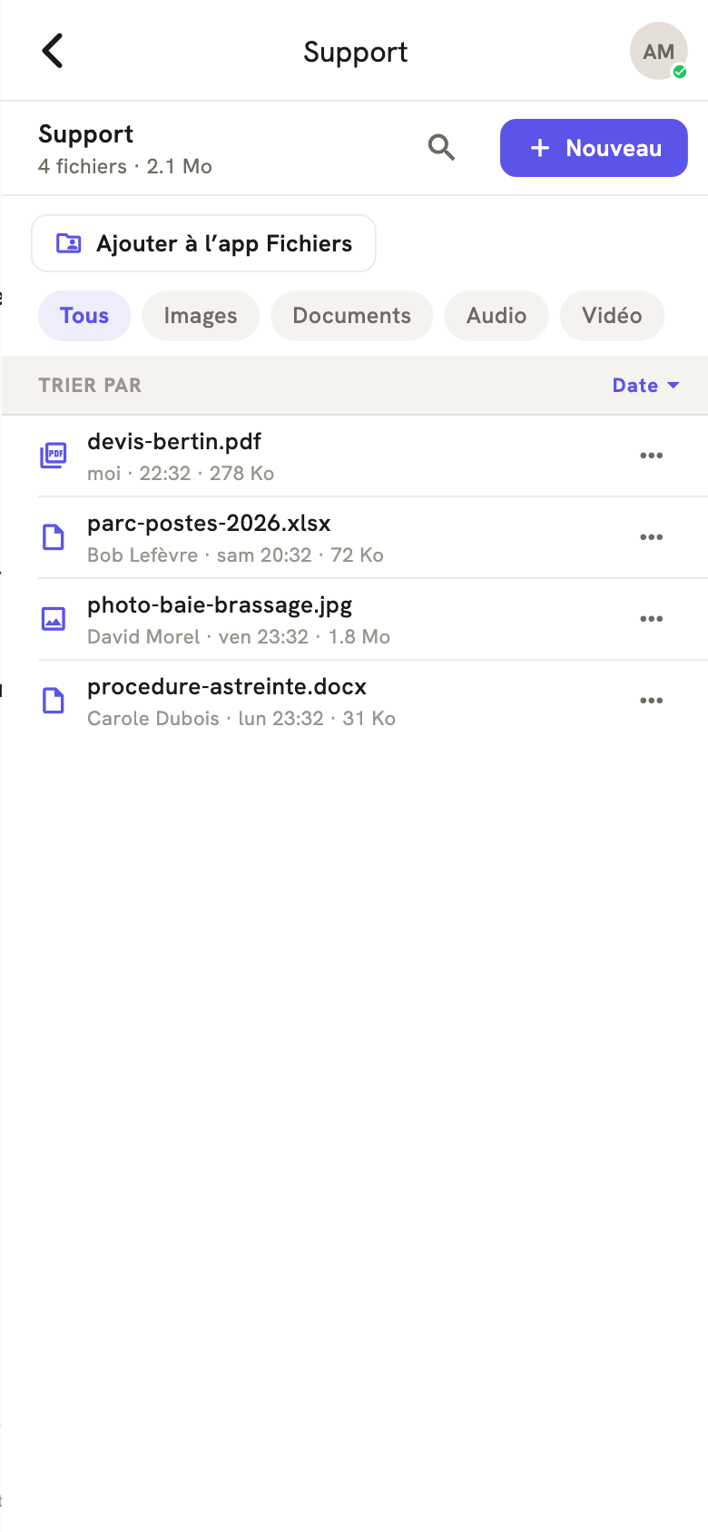 Sur iPhone, la page d'un dossier : le bouton Ajouter à l'app Fichiers sous la barre, au-dessus de la liste des fichiers