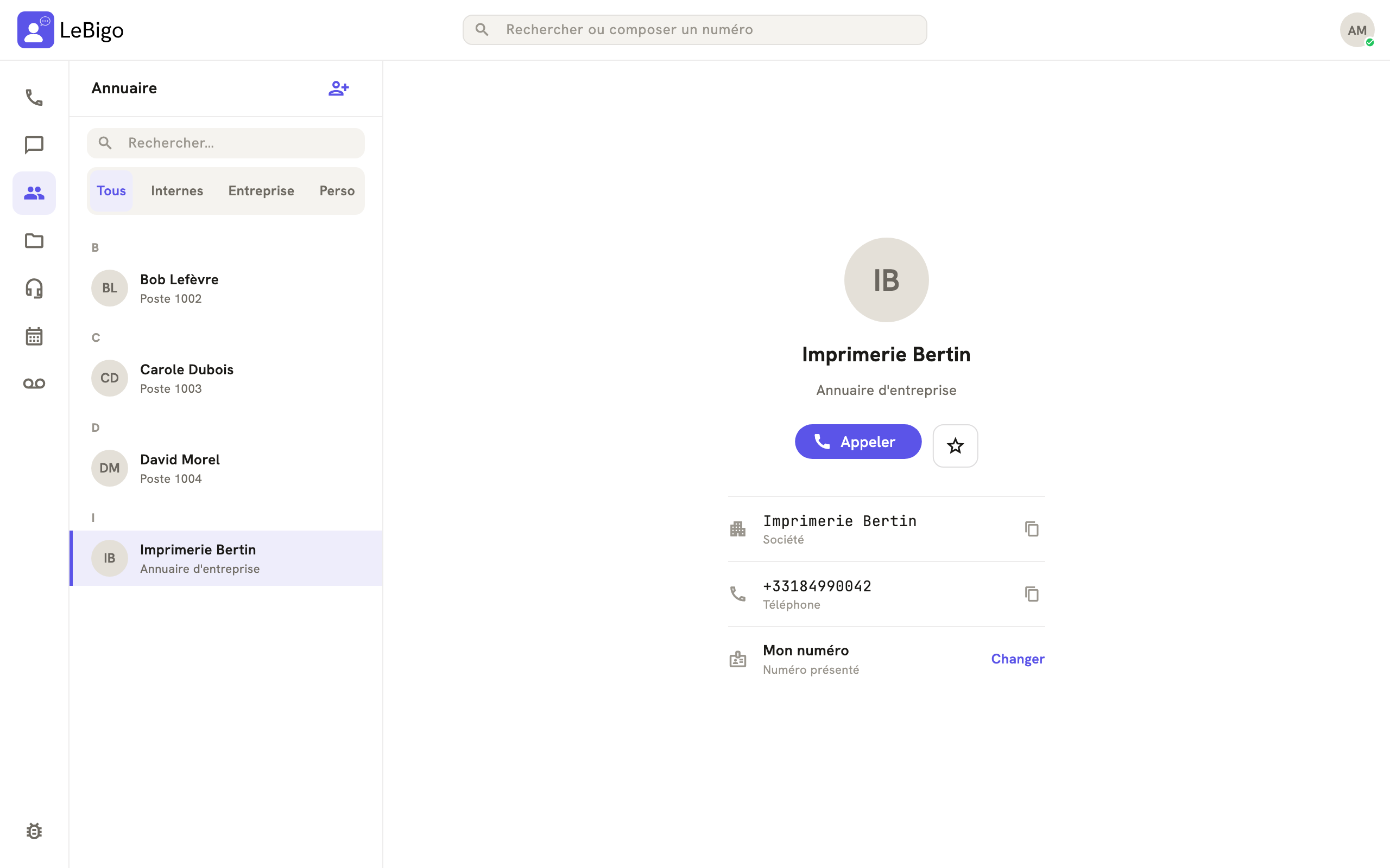 La fiche d'un contact d'entreprise : société, téléphone et numéro présenté