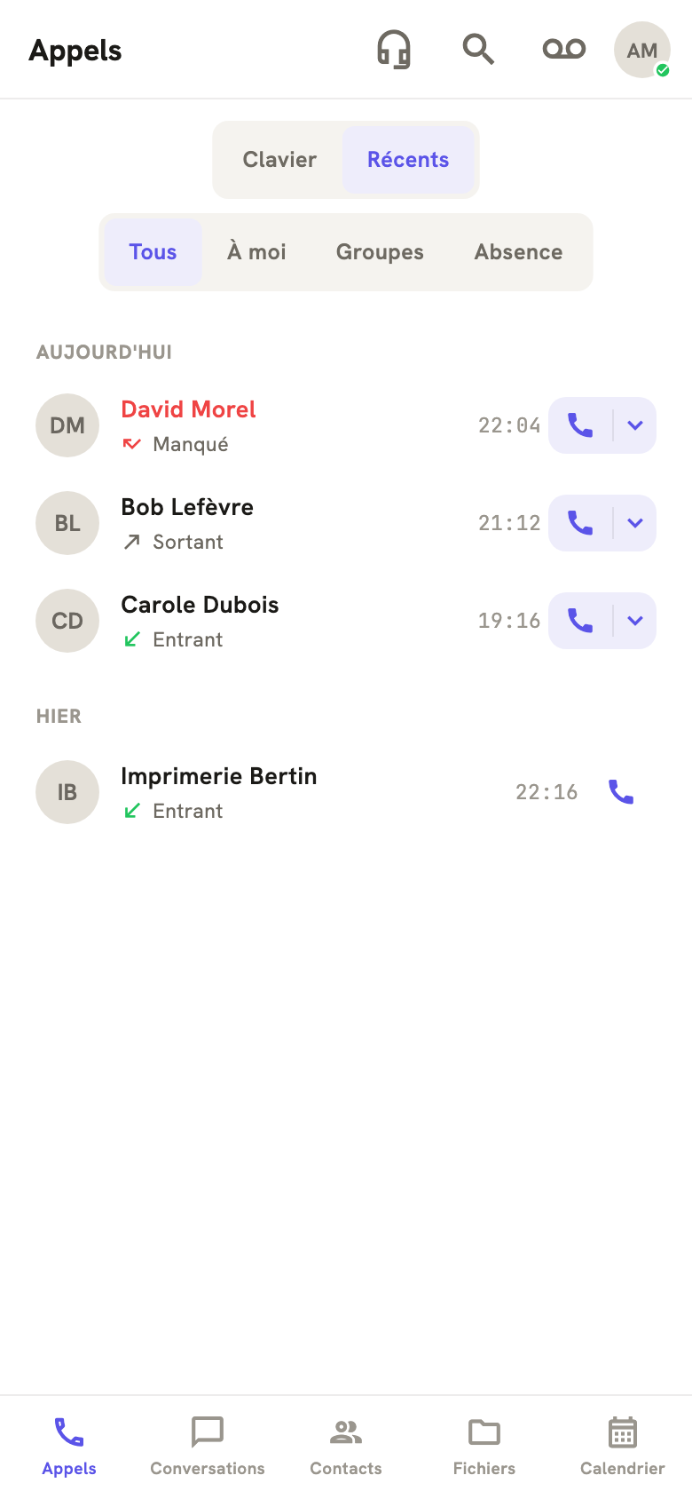 LeBigo sur téléphone : le journal d'appels et les cinq onglets du bas