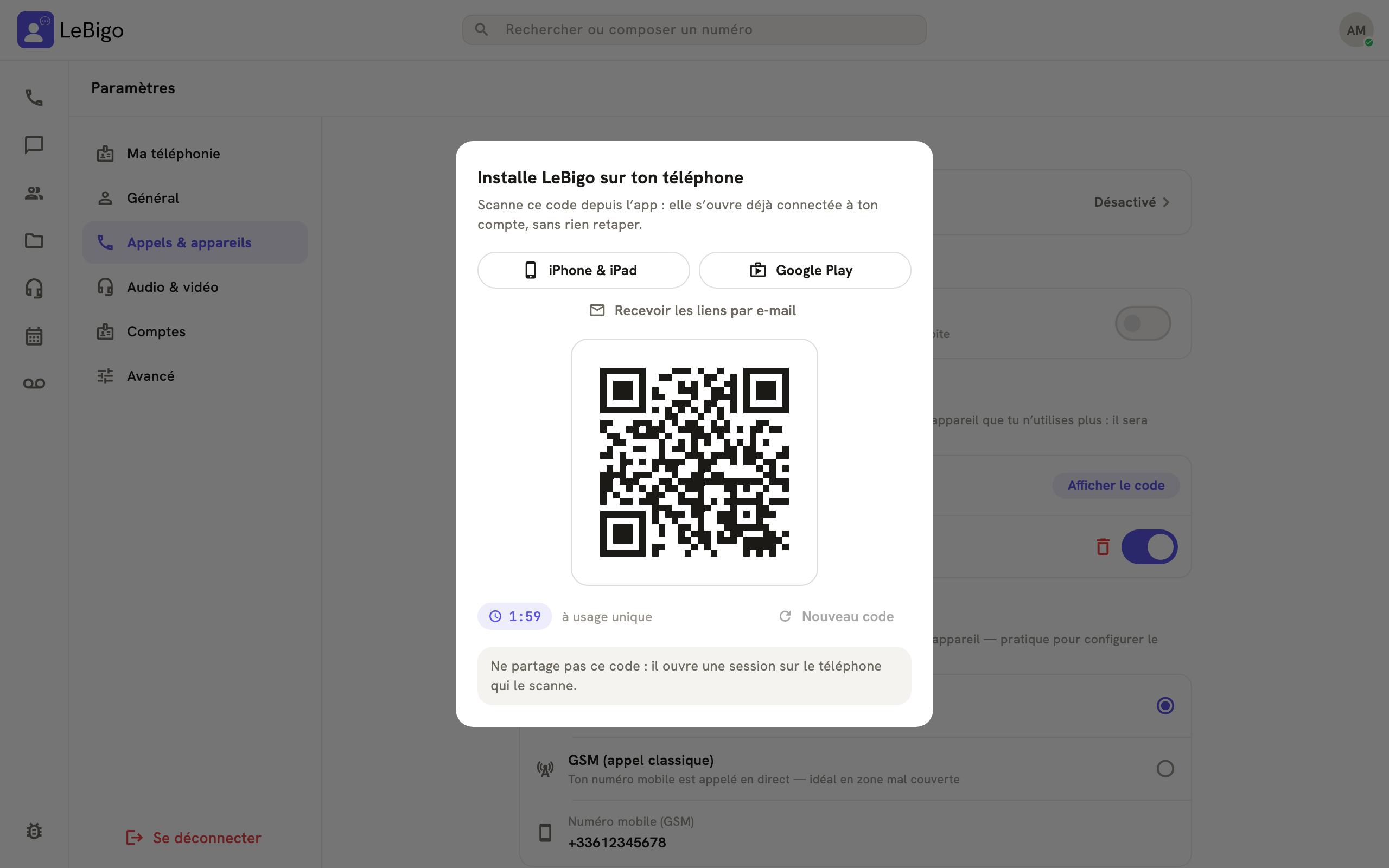 Le panneau Installe LeBigo sur ton téléphone ouvert dans l'application, avec son code QR, le compte à rebours et le bouton Nouveau code
