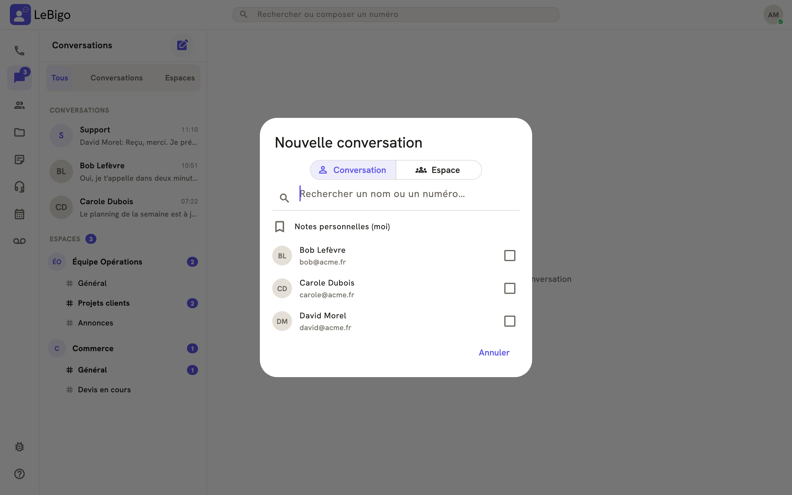 La fenêtre Nouvelle conversation : choix Conversation ou Espace, Notes personnelles et liste de collègues à cocher