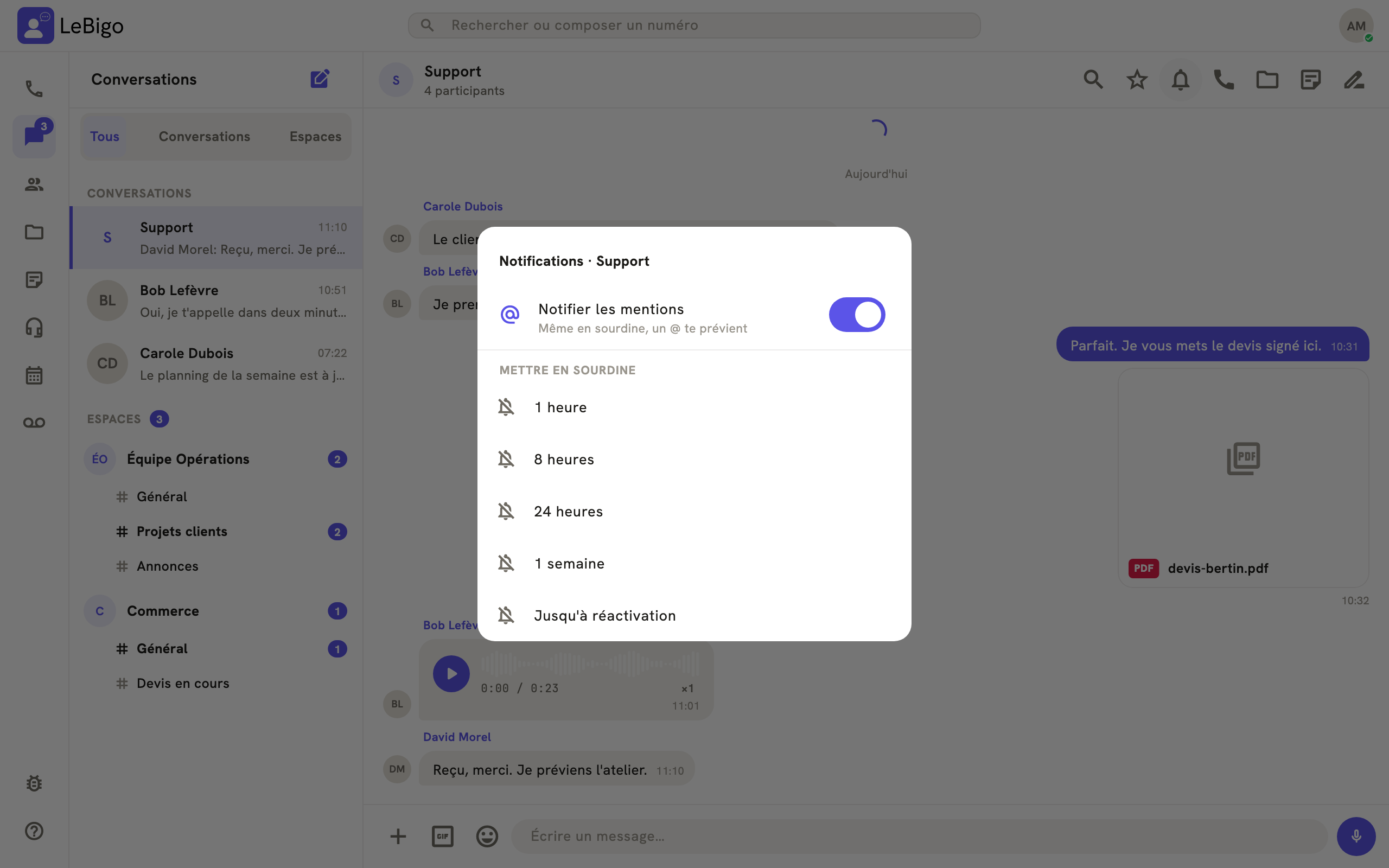 La fenêtre Notifications d'une conversation : Notifier les mentions et les durées de sourdine