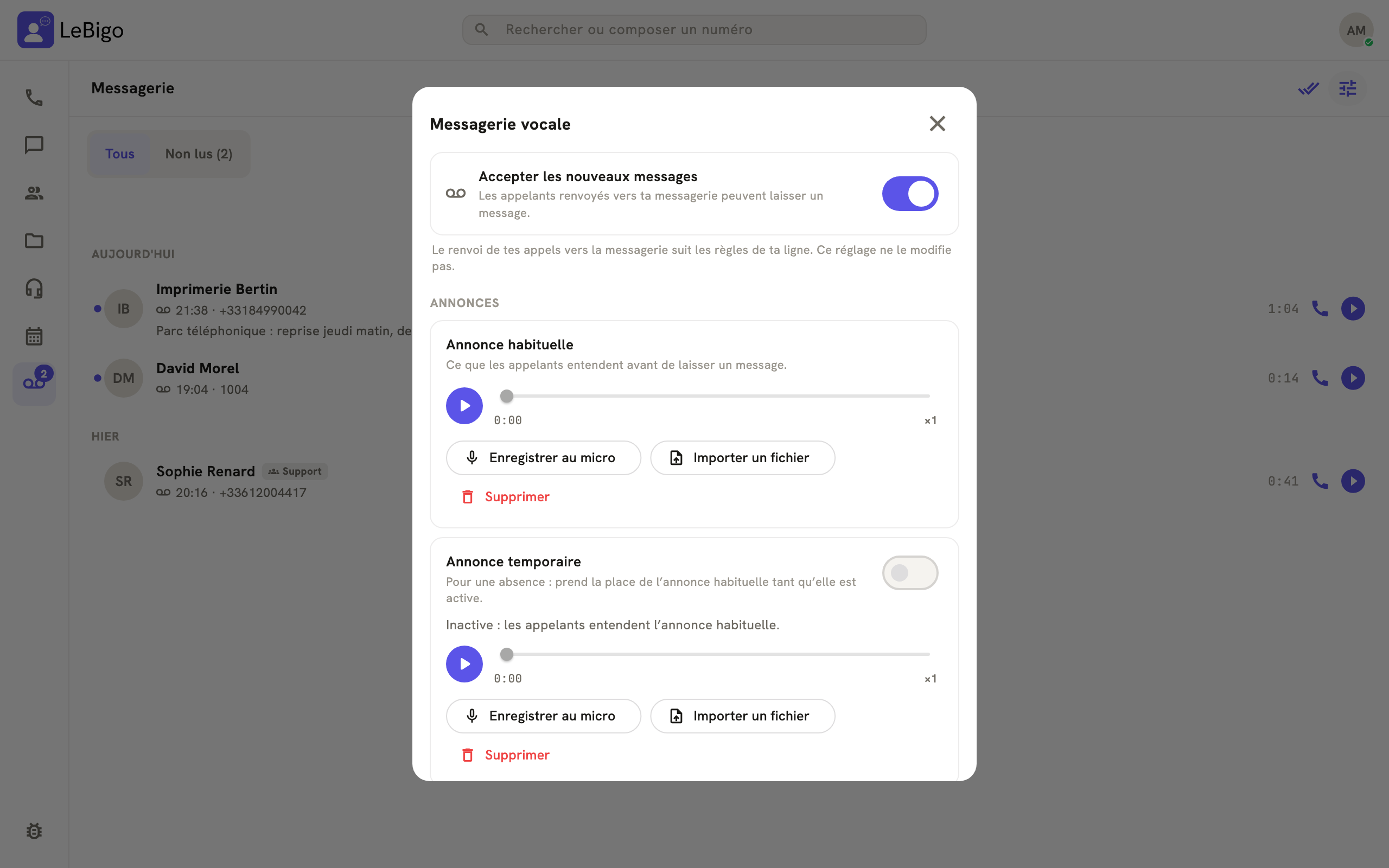 La fenêtre Messagerie vocale : Accepter les nouveaux messages, annonce habituelle et annonce temporaire