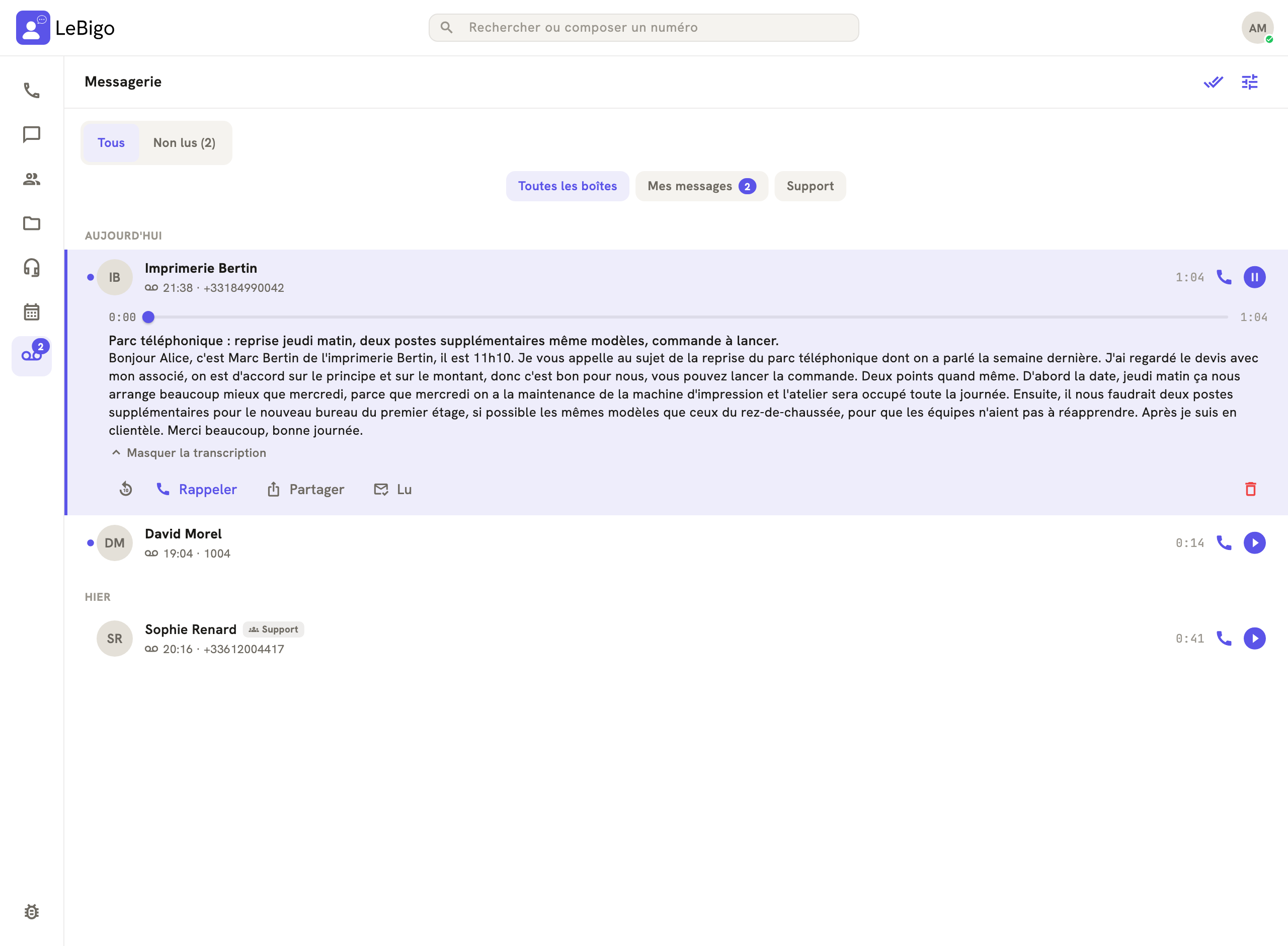 Un message vocal transcrit dans LeBigo