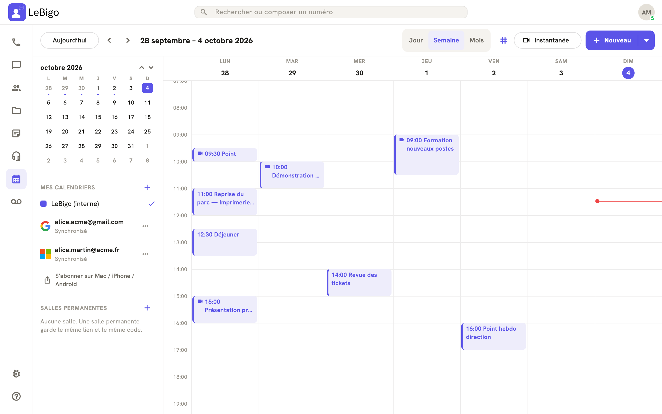 Le calendrier en vue semaine, avec les boutons Instantanée et Nouveau