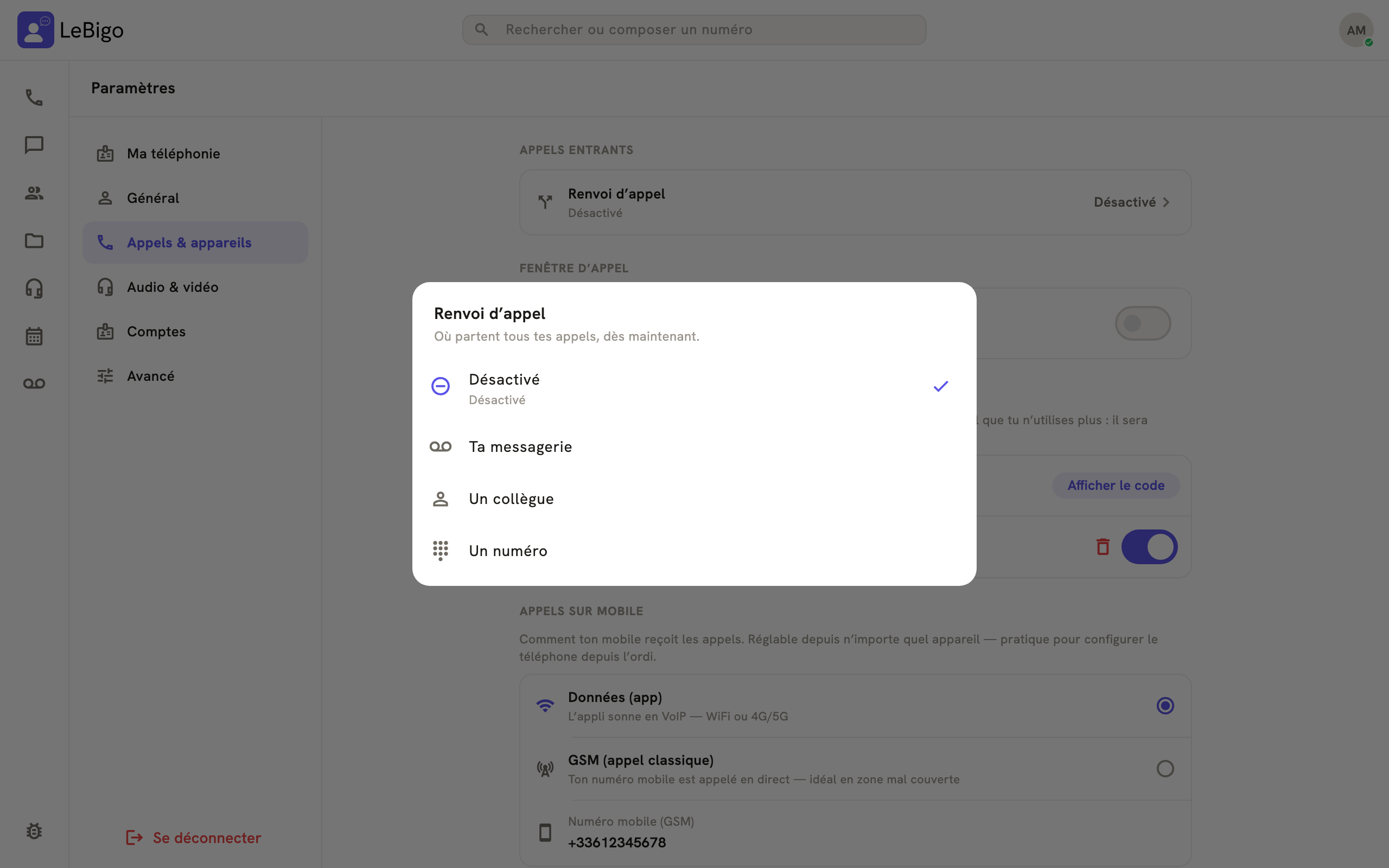 La feuille Renvoi d'appel avec Désactivé, Ta messagerie, Un collègue et Un numéro