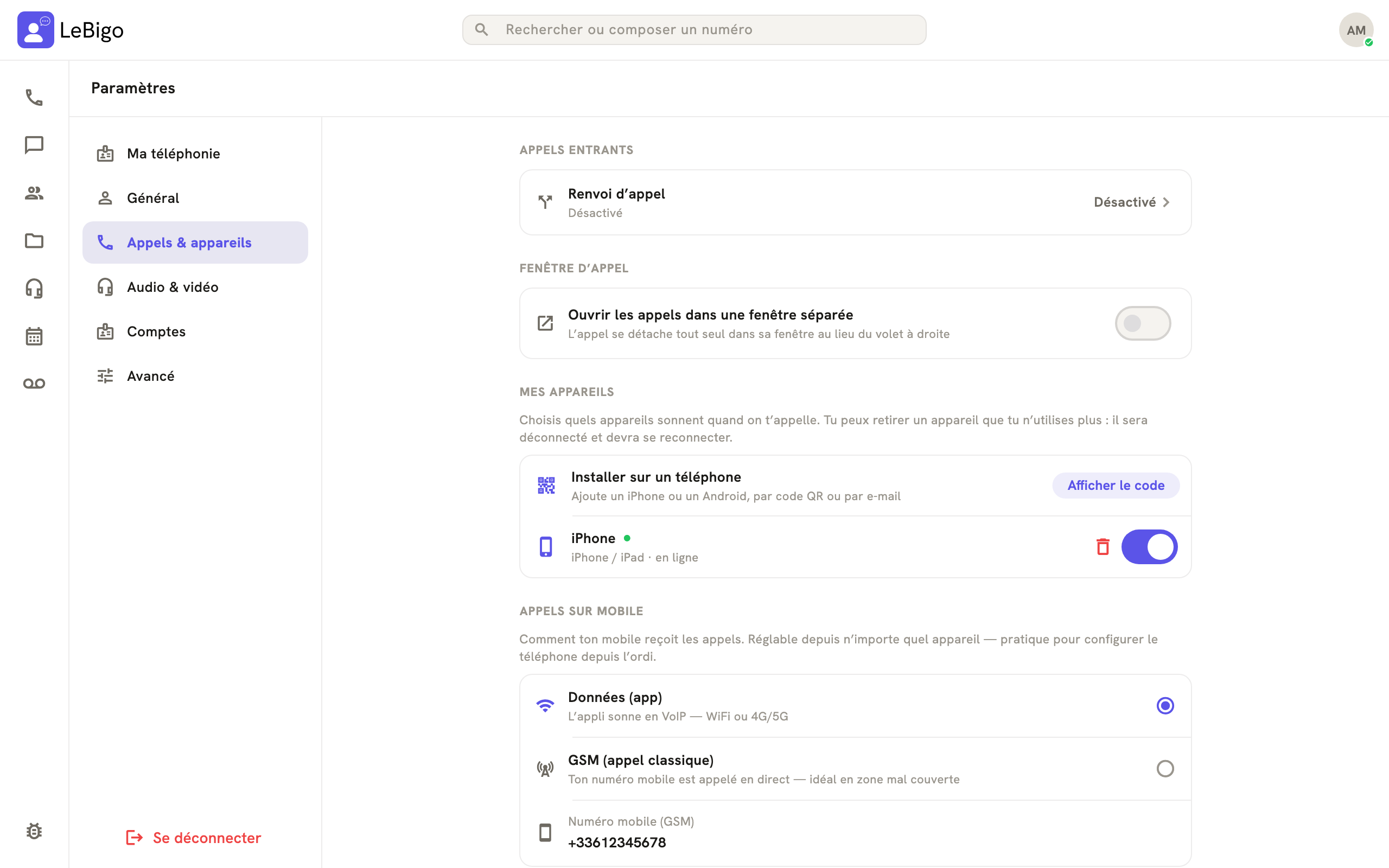 Paramètres, Appels et appareils : la section Mes appareils avec un iPhone qui sonne