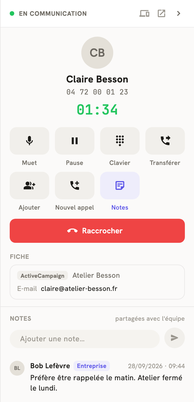 Le volet d'un appel en cours dans LeBigo, avec la fiche ActiveCampaign du contact