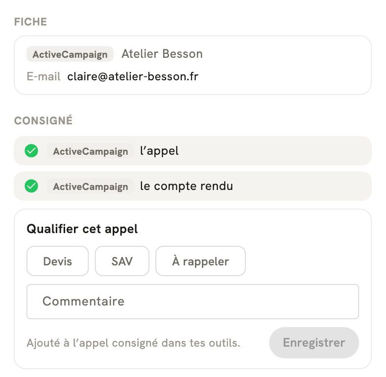 La fiche d'un appel terminé dans LeBigo : consigné dans ActiveCampaign, avec le compte rendu, et de quoi qualifier l'appel