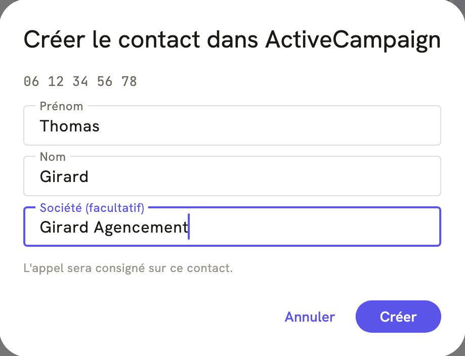 La fenêtre « Créer le contact dans ActiveCampaign » de LeBigo, pendant un appel
