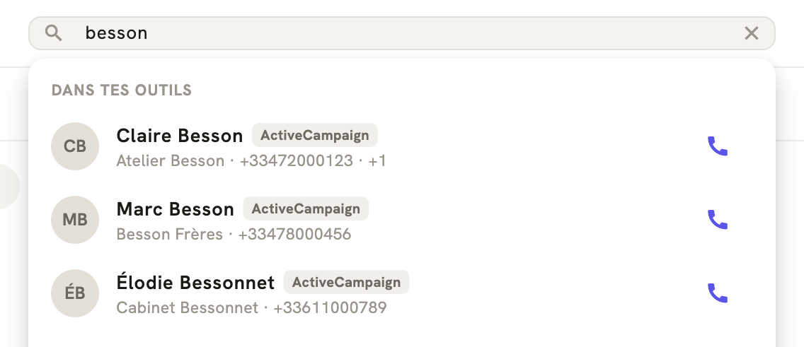 La recherche de LeBigo : trois contacts trouvés dans ActiveCampaign, chacun avec son bouton d'appel