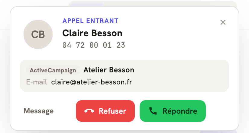 Un appel entrant dans LeBigo : le nom de l'appelante et ce que ActiveCampaign sait d'elle, avant de décrocher
