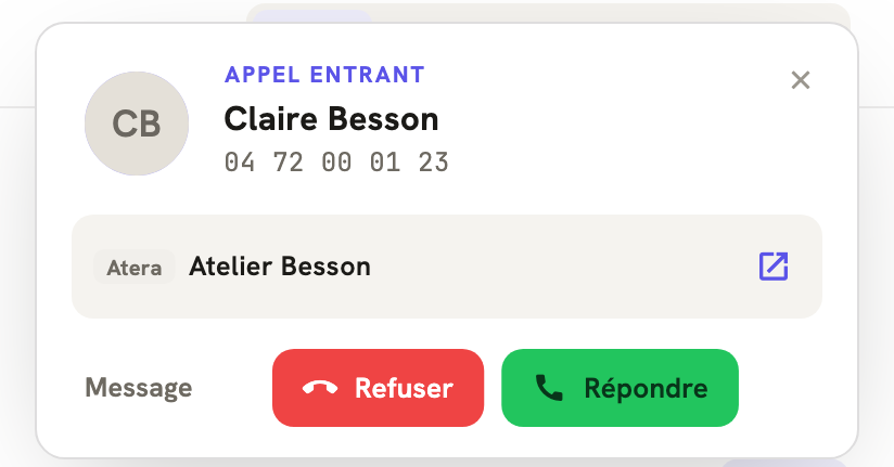 Un appel entrant dans LeBigo : le nom de l'appelante et ce que Atera sait d'elle, avant de décrocher