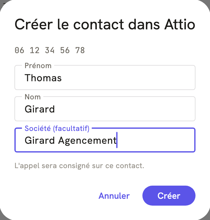 La fenêtre « Créer le contact dans Attio » de LeBigo, pendant un appel