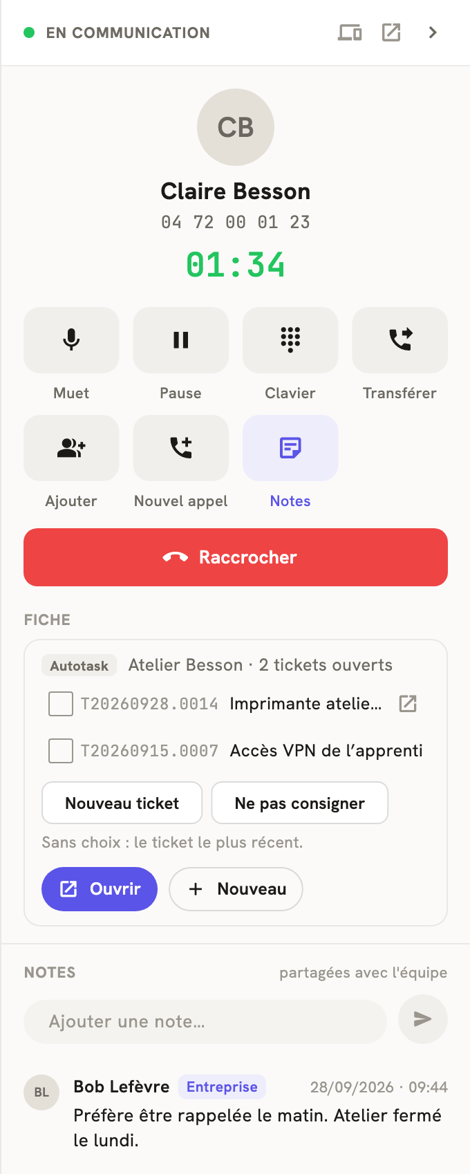 Le volet d'un appel en cours dans LeBigo : la fiche Autotask du client, ses tickets à cocher, Nouveau ticket et Ne pas consigner