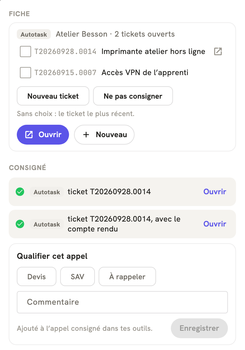 La fiche d'un appel terminé dans LeBigo : consigné dans Autotask, avec le compte rendu, et de quoi qualifier l'appel