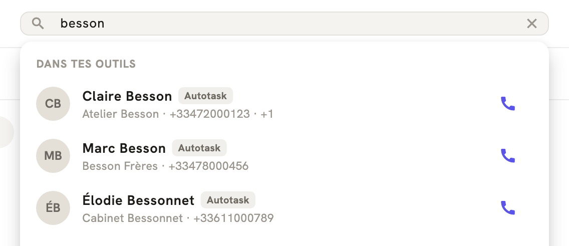 La recherche de LeBigo : trois contacts trouvés dans Autotask, chacun avec son bouton d'appel