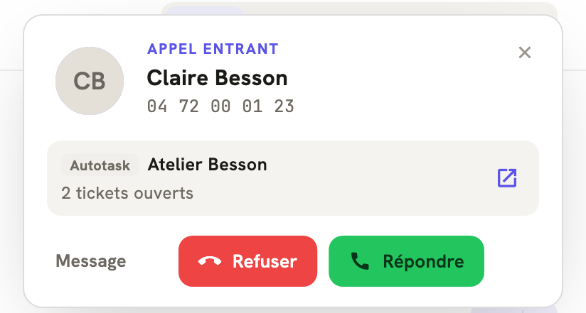 Un appel entrant dans LeBigo : le nom de l'appelante et ce que Autotask sait d'elle, avant de décrocher