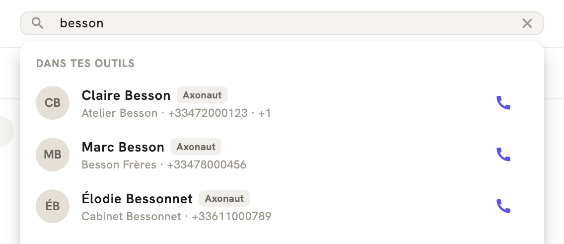 La recherche de LeBigo : trois contacts trouvés dans Axonaut, chacun avec son bouton d'appel