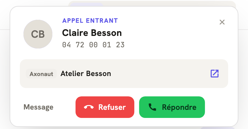 Un appel entrant dans LeBigo : le nom de l'appelante et ce que Axonaut sait d'elle, avant de décrocher