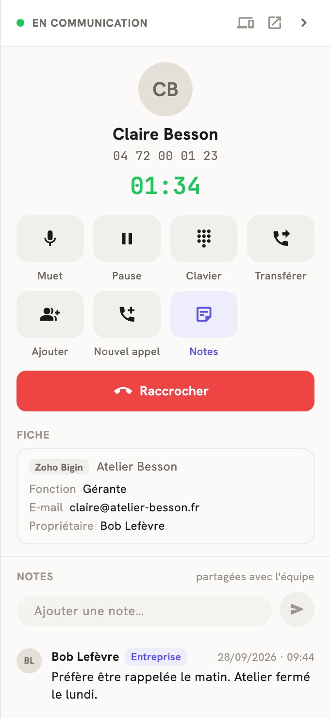 Le volet d'un appel en cours dans LeBigo, avec la fiche Zoho Bigin du contact