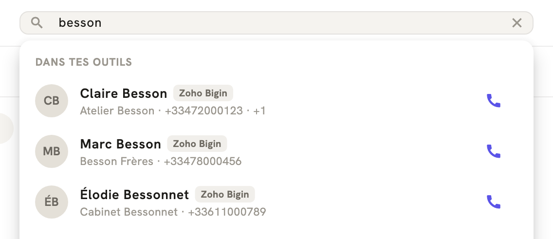 La recherche de LeBigo : trois contacts trouvés dans Zoho Bigin, chacun avec son bouton d'appel
