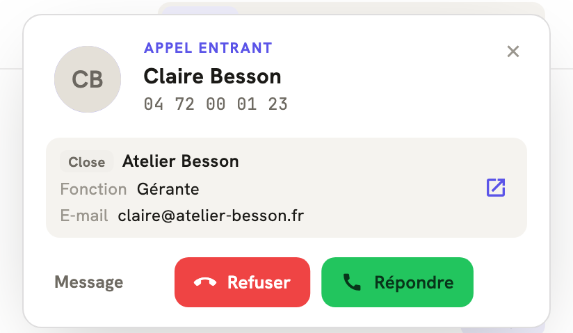 Un appel entrant dans LeBigo : le nom de l'appelante et ce que Close sait d'elle, avant de décrocher