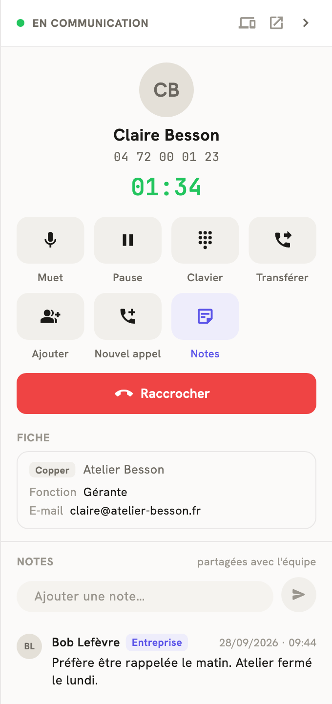 Le volet d'un appel en cours dans LeBigo, avec la fiche Copper du contact