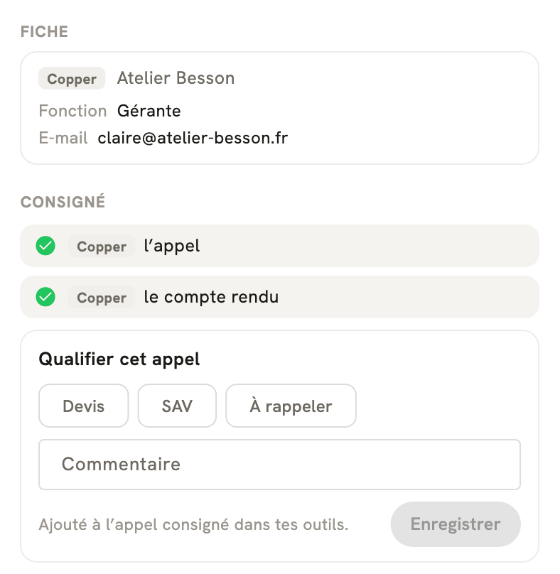 La fiche d'un appel terminé dans LeBigo : consigné dans Copper, avec le compte rendu, et de quoi qualifier l'appel
