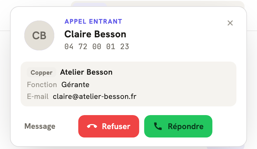 Un appel entrant dans LeBigo : le nom de l'appelante et ce que Copper sait d'elle, avant de décrocher