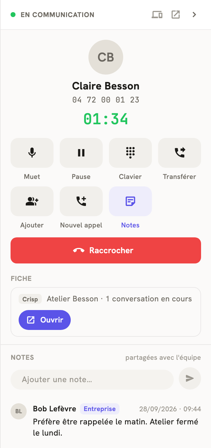 Le volet d'un appel en cours dans LeBigo, avec la fiche du contact