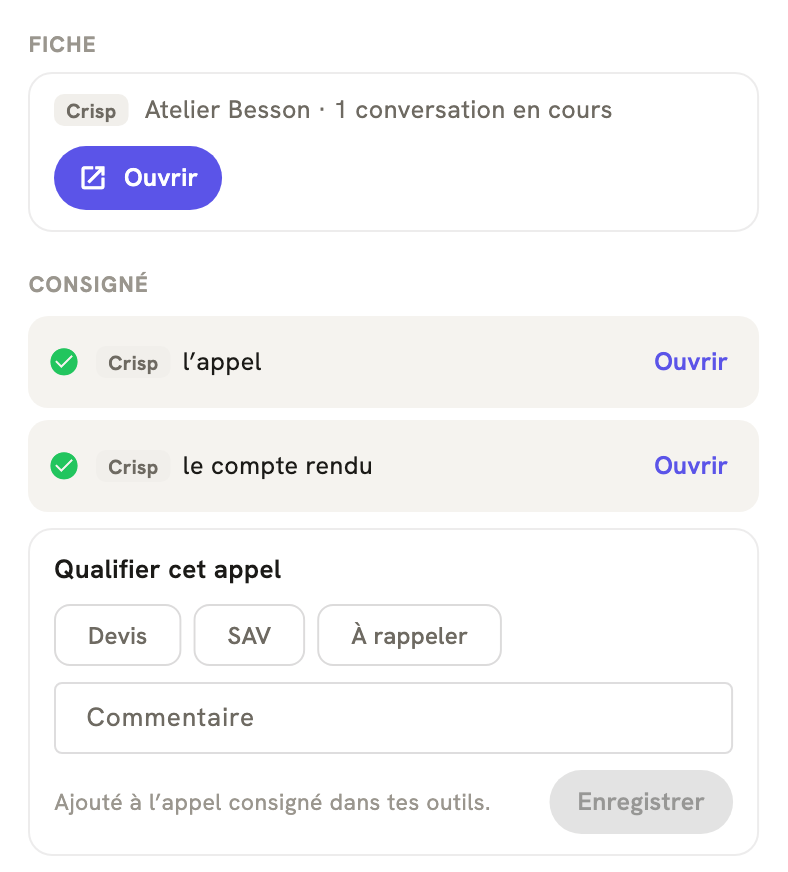 La fiche d'un appel terminé dans LeBigo : consigné dans Crisp, avec le compte rendu, et de quoi qualifier l'appel