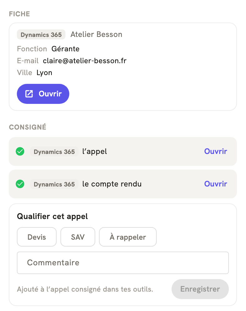 La fiche d'un appel terminé dans LeBigo : consigné dans Dynamics 365, avec le compte rendu, et de quoi qualifier l'appel