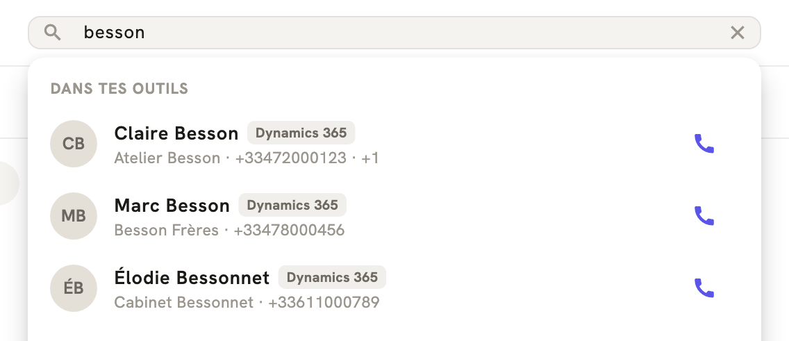 La recherche de LeBigo : trois contacts trouvés dans Dynamics 365, chacun avec son bouton d'appel