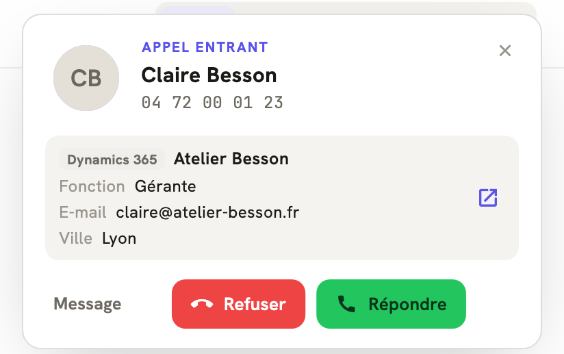 Un appel entrant dans LeBigo : le nom de l'appelante et ce que Dynamics 365 sait d'elle, avant de décrocher