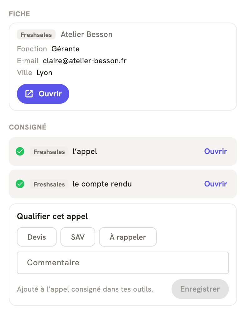 La fiche d'un appel terminé dans LeBigo : consigné dans Freshsales, avec le compte rendu, et de quoi qualifier l'appel