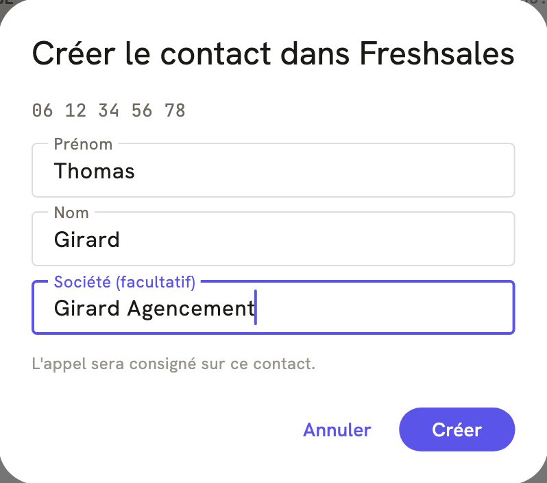 La fenêtre « Créer le contact dans Freshsales » de LeBigo, pendant un appel
