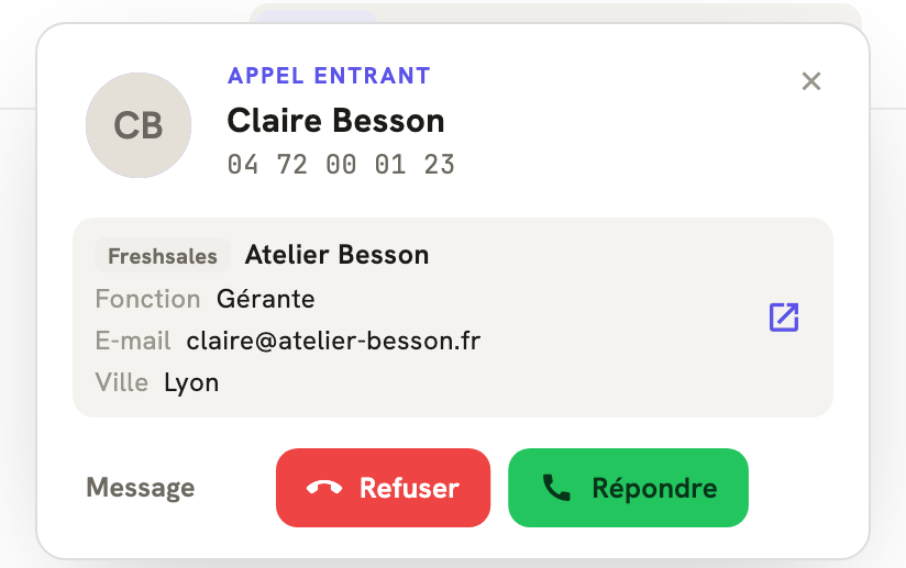 Un appel entrant dans LeBigo : le nom de l'appelante et ce que Freshsales sait d'elle, avant de décrocher