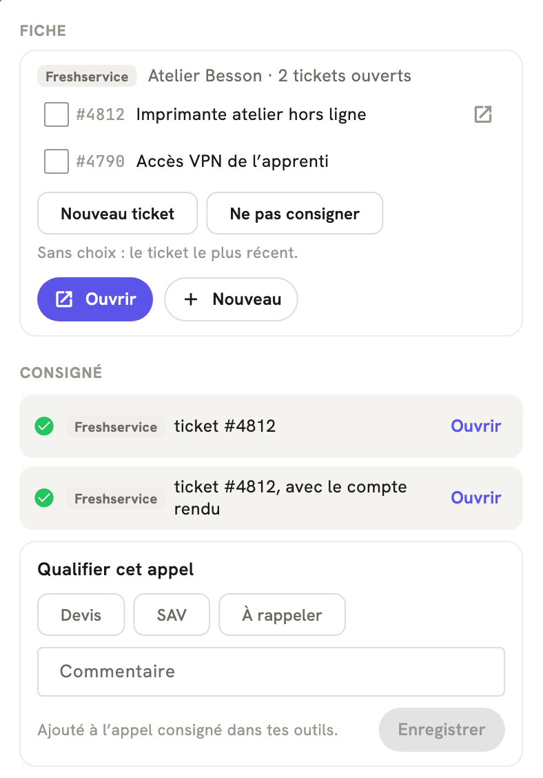 La fiche d'un appel terminé dans LeBigo : consigné dans Freshservice, avec le compte rendu, et de quoi qualifier l'appel