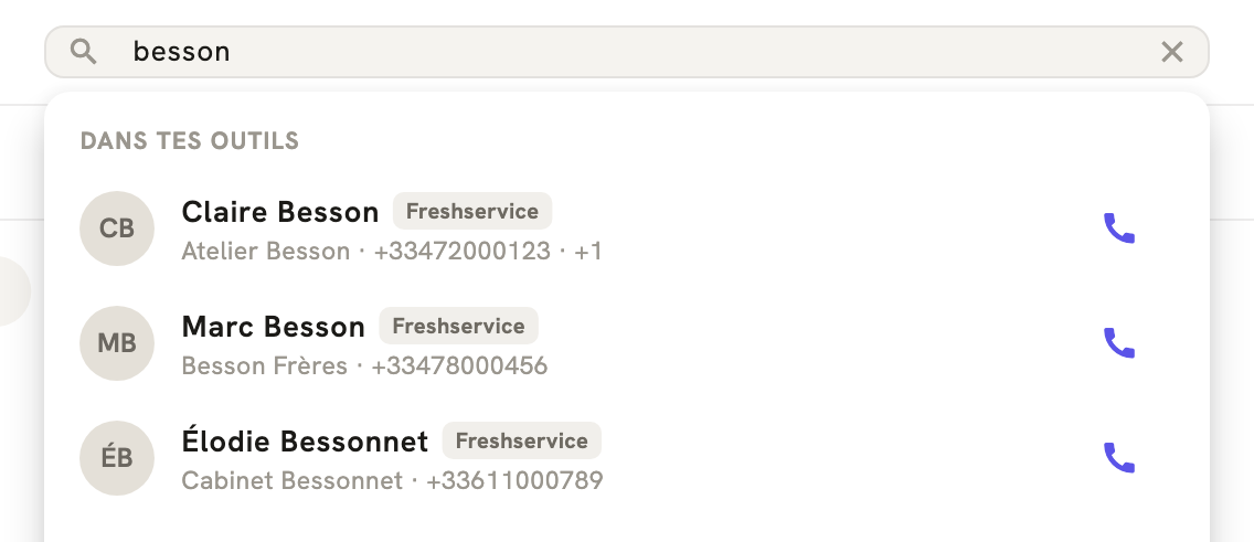 La recherche de LeBigo : trois contacts trouvés dans Freshservice, chacun avec son bouton d'appel