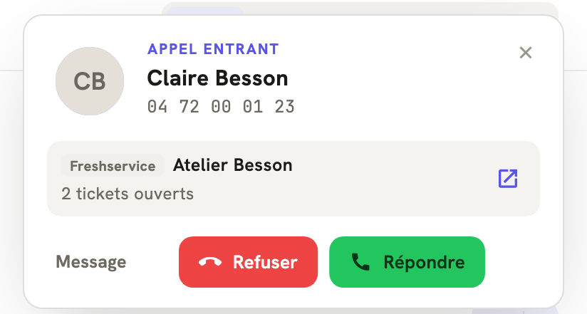 Un appel entrant dans LeBigo : le nom de l'appelante et ce que Freshservice sait d'elle, avant de décrocher