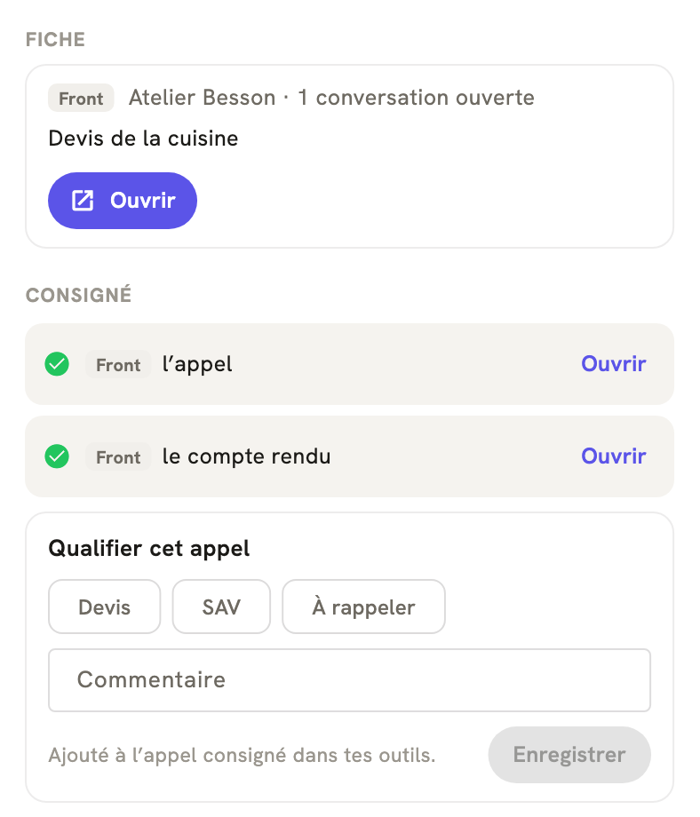 La fiche d'un appel terminé dans LeBigo : consigné dans Front, avec le compte rendu, et de quoi qualifier l'appel