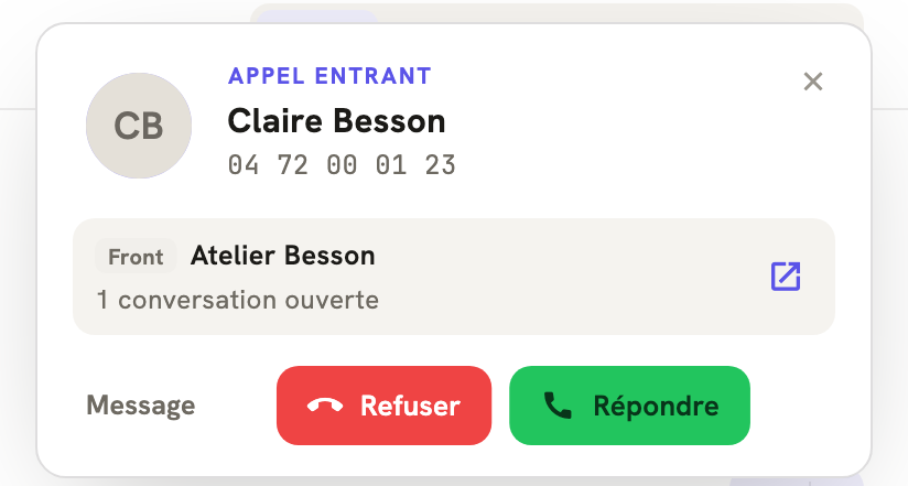 Un appel entrant dans LeBigo : le nom de l'appelante et ce que Front sait d'elle, avant de décrocher