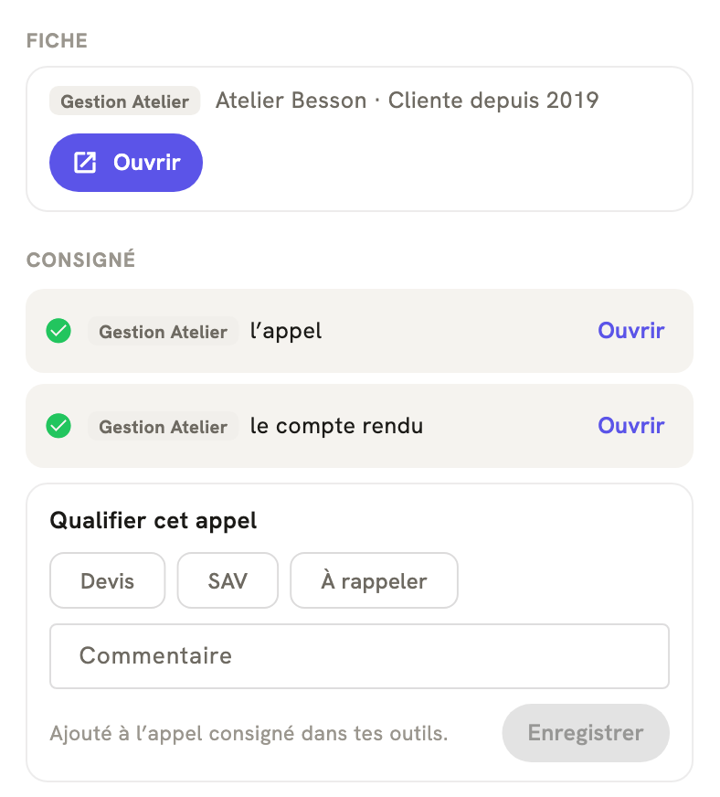 La fiche d'un appel terminé dans LeBigo : consigné dans votre logiciel, avec le compte rendu, et de quoi qualifier l'appel